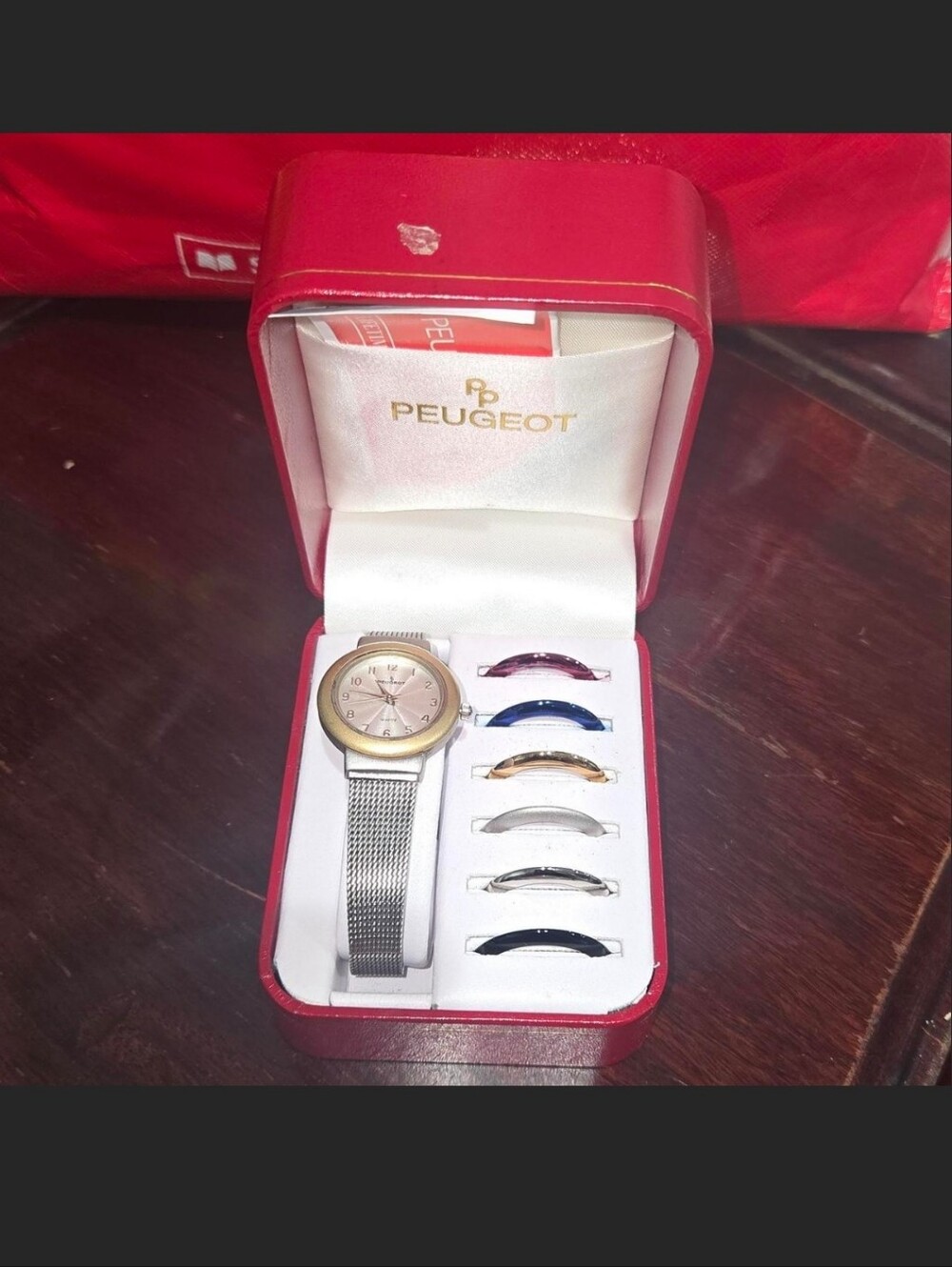 Peugeot Two-Tone Watch with Pink Dial and Silver Mesh Band